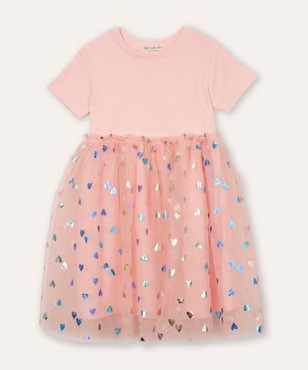 vestido de algodão infantil com tule e brilho rosa 2