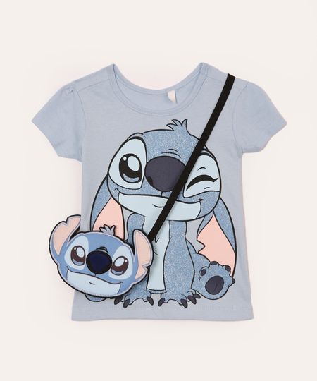 camiseta de algodão infantil com bolsinha stitch azul 2 camiseta de algodão infantil com bolsinha stitch azul 2