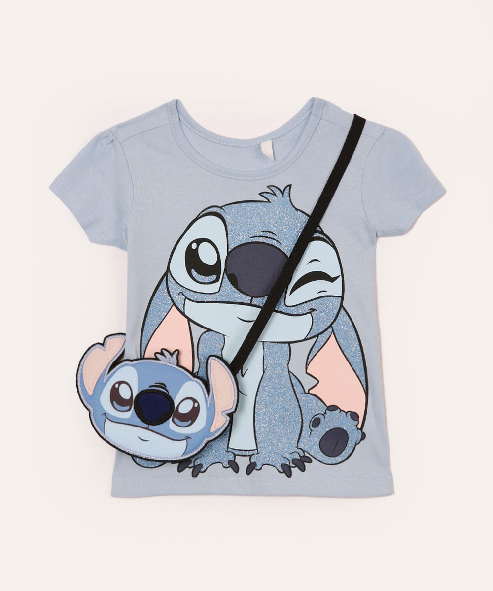 camiseta de algodão infantil com bolsinha stitch azul