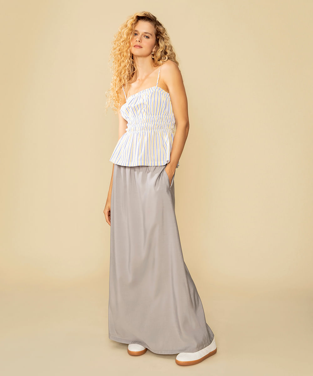 saia midi estilo pijama cós com elástico cinza