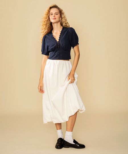 saia midi de sarja balonê cintura alta off white G