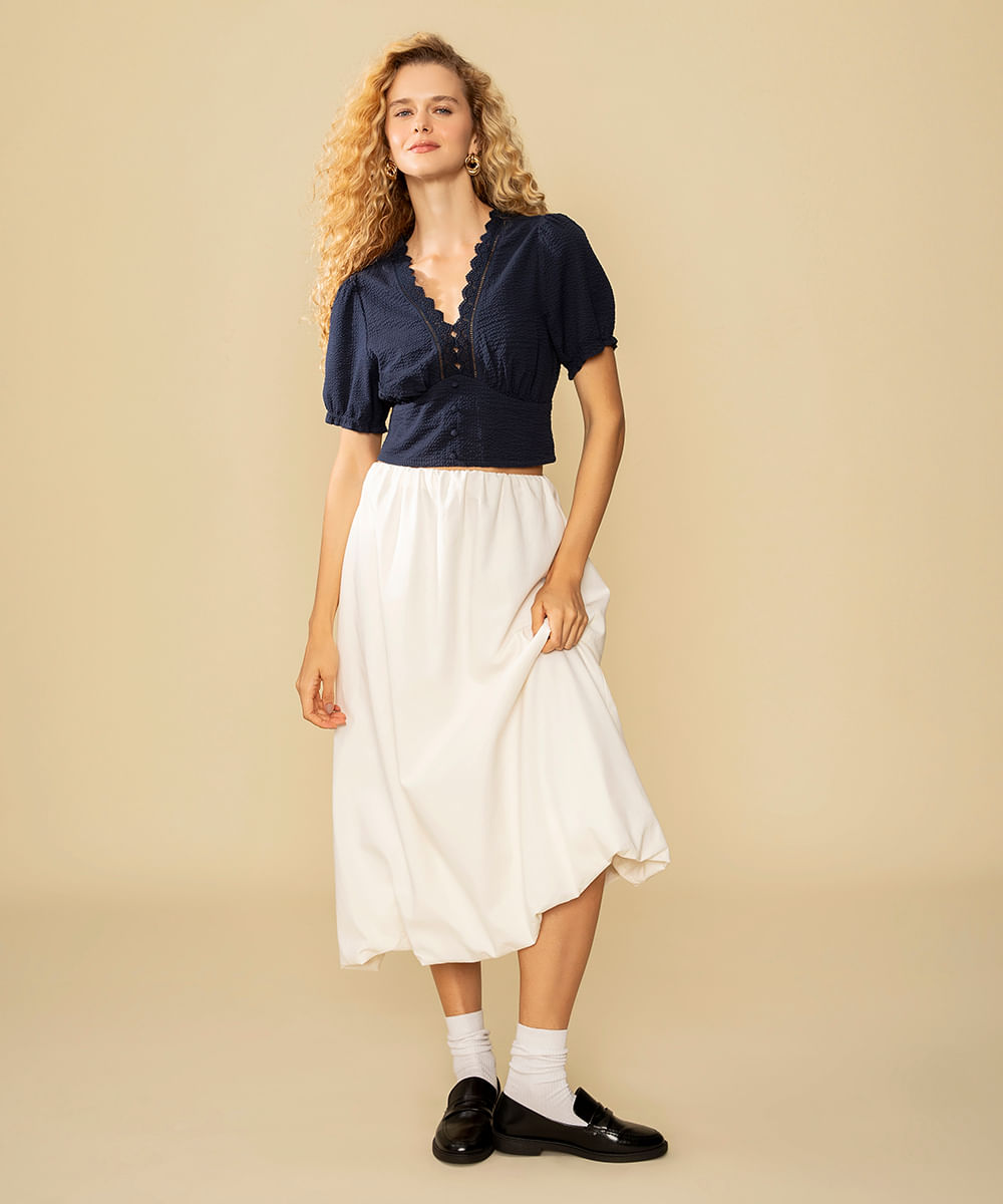 saia midi de sarja balonê cintura alta off white