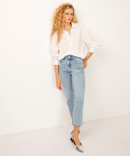 calça de jeans mom cintura alta com strass azul médio 34 calça de jeans mom cintura alta com strass azul médio 34