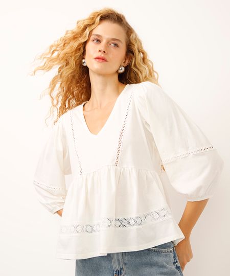 bata de algodão decote v manga bufante bordada off white M bata de algodão decote v manga bufante bordada off white M