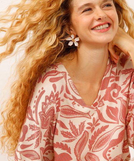 blusa de viscose decote v arabesco bege PP