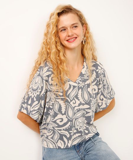 blusa de viscose decote v arabesco azul PP blusa de viscose decote v arabesco azul PP