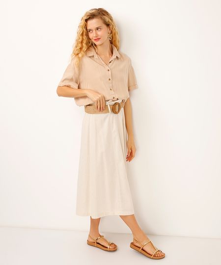 saia midi godê com linho e cinto bege 40 saia midi godê com linho e cinto bege 40