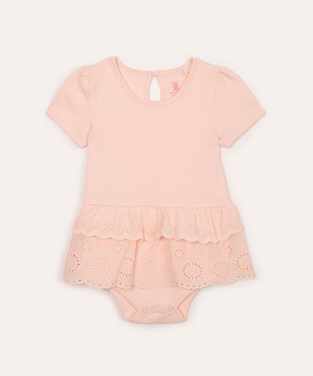 body infantil com saia  e floral vazado rosa 3-6