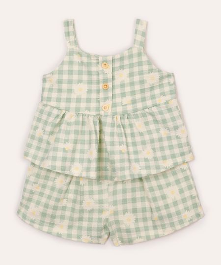 conjunto curto infantil xadrez floral texturizado verde 10