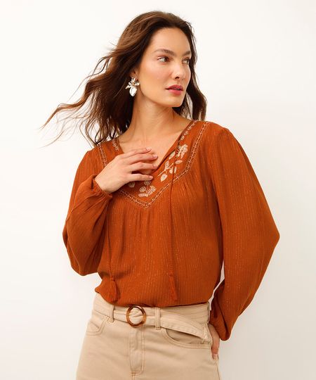 bata boho com lurex manga bufante laranja PP