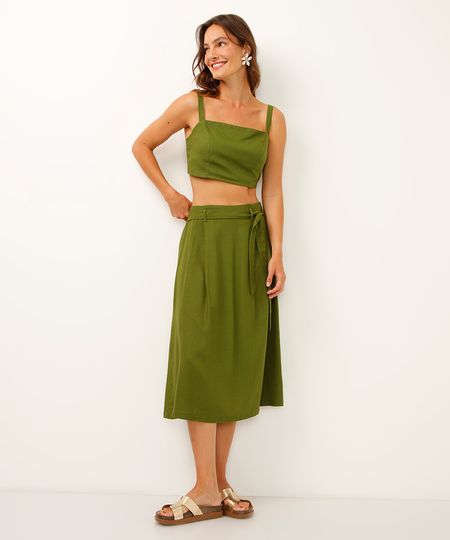 saia midi com linho e amarração verde 38 saia midi com linho e amarração verde 38