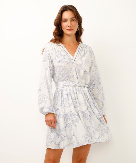 vestido curto de viscose manga bufante floral cinza M