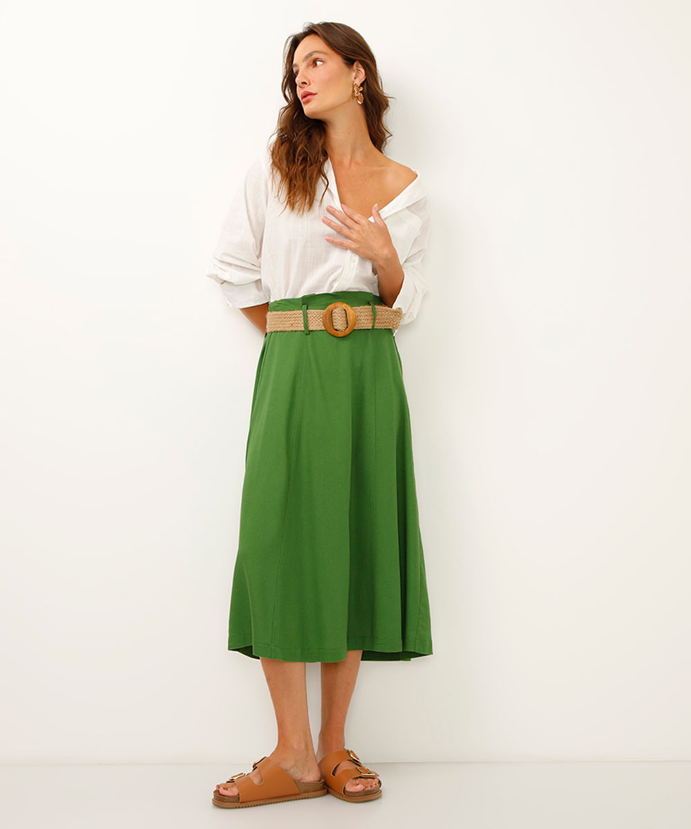 saia midi com linho cintura alta verde