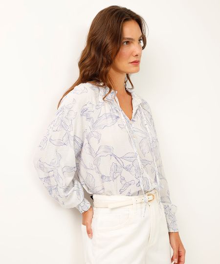 bata de viscose manga bufante floral cinza M bata de viscose manga bufante floral cinza M