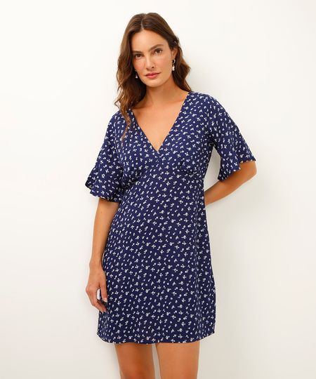 vestido curto de viscose decote v floral azul PP