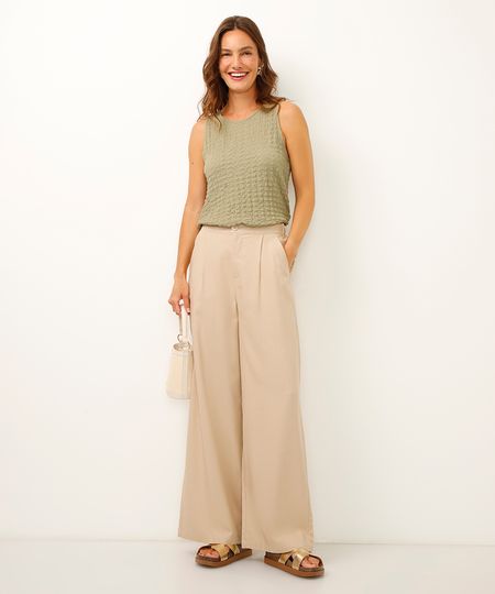 calça wide leg com linho e pregas bege 40