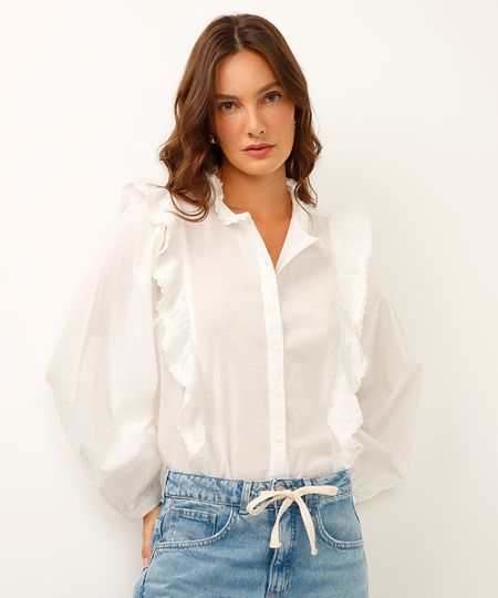 camisa com babados e bordado manga bufante off white M camisa com babados e bordado manga bufante off white M