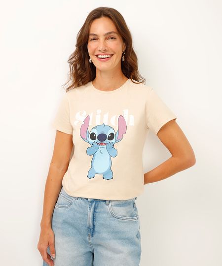 camiseta de algodão manga curta stitch bege P