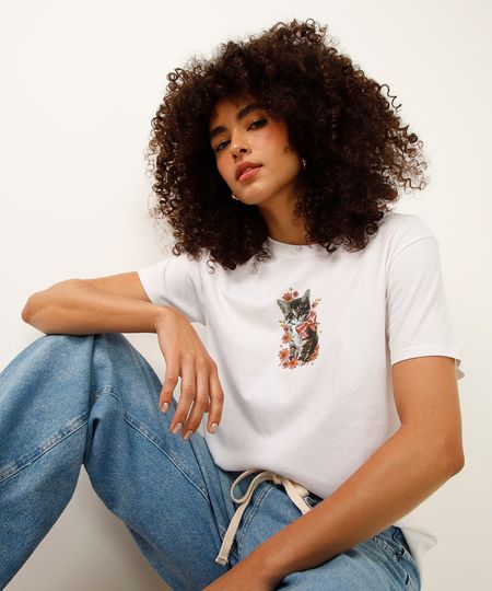 camiseta de algodão manga curta gatinho off white PP camiseta de algodão manga curta gatinho off white PP