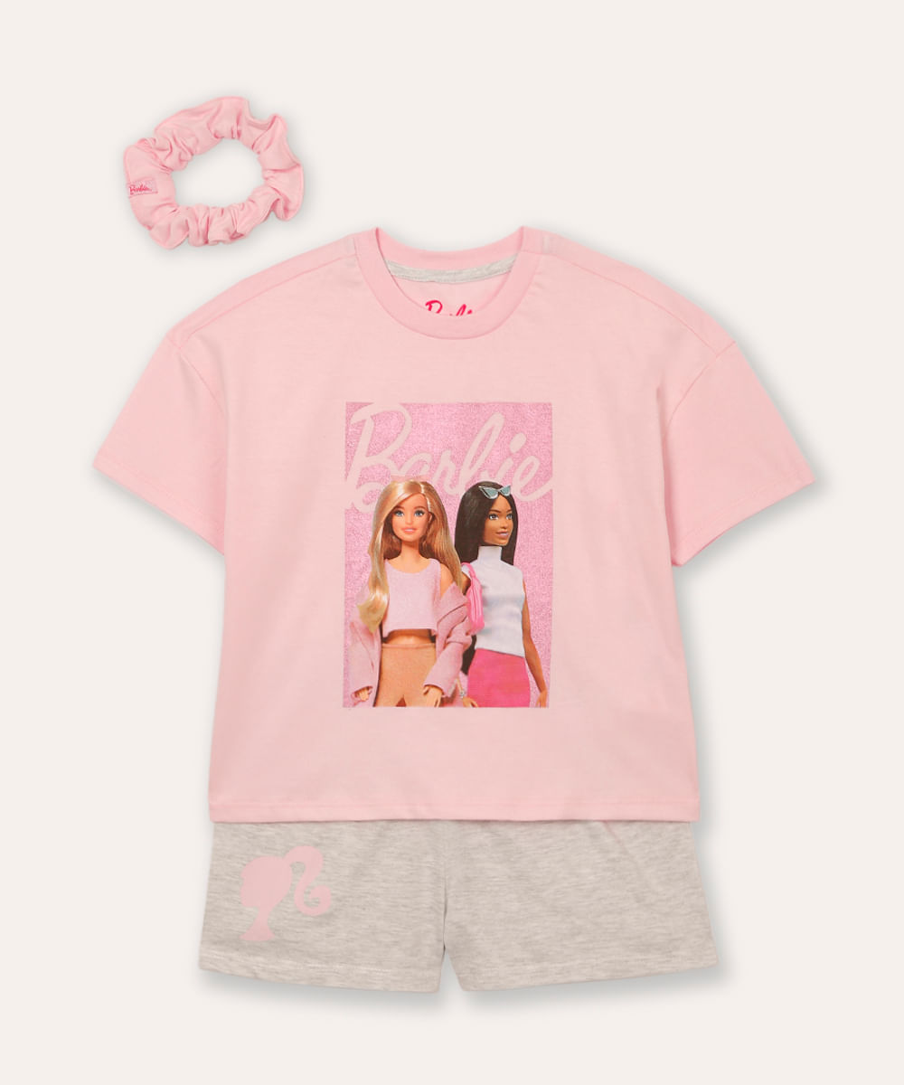 pijama curto infantil com prendedor de cabelo barbie rosa