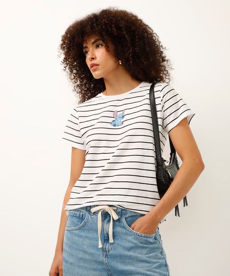 camiseta de algodão manga curta stitch listrada off white G