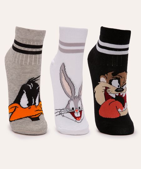 kit de 3 meias cano médio looney tunes colorido 34-39