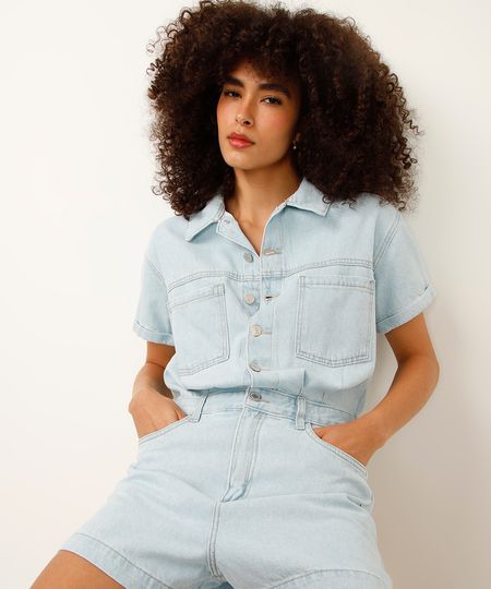 macacão jeans curto cós com elástico azul PP