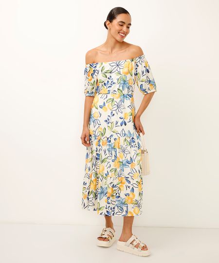 vestido midi de laise ombro a ombro floral bege P