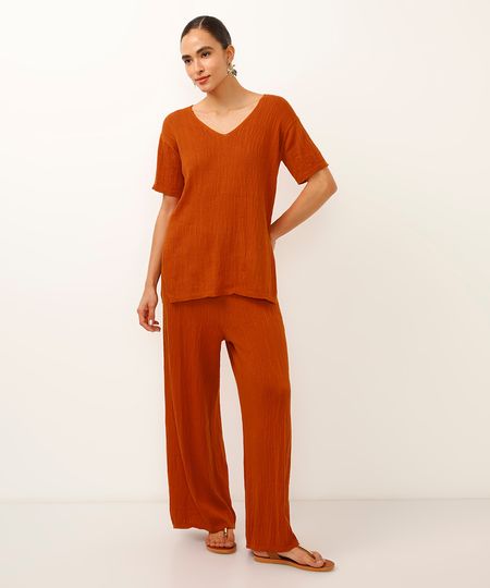 calça wide leg de tricot texturizada laranja G calça wide leg de tricot texturizada laranja G