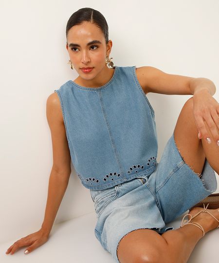 regata jeans floral vazada com recorte nas costas azul M regata jeans floral vazada com recorte nas costas azul M