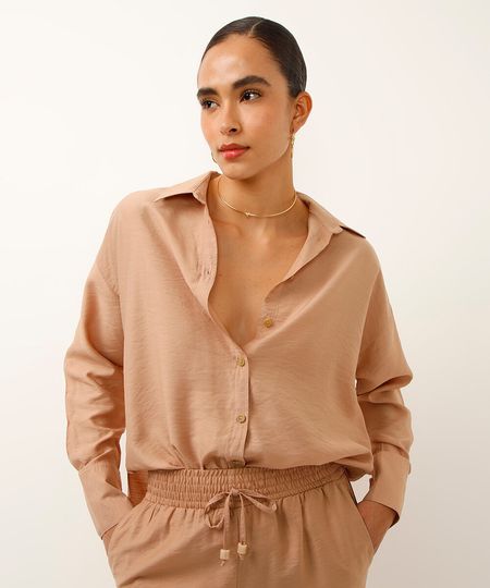 camisa oversized de viscose manga longa bege G