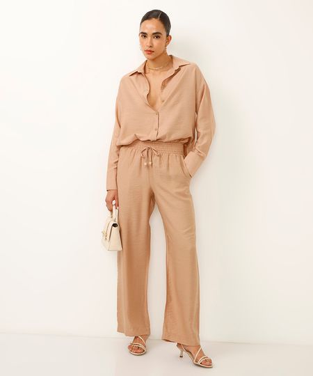 calça pantalona de viscose cós com elástico bege 42 calça pantalona de viscose cós com elástico bege 42