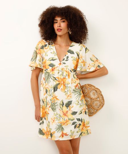 vestido curto de laise decote v floral off white PP