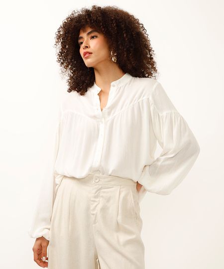 camisa de viscose manga bufante com lurex off white G