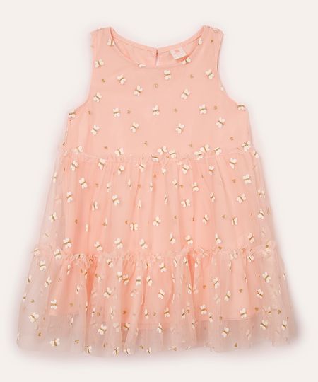 vestido infantil de tule com borboletas rosa 6-9