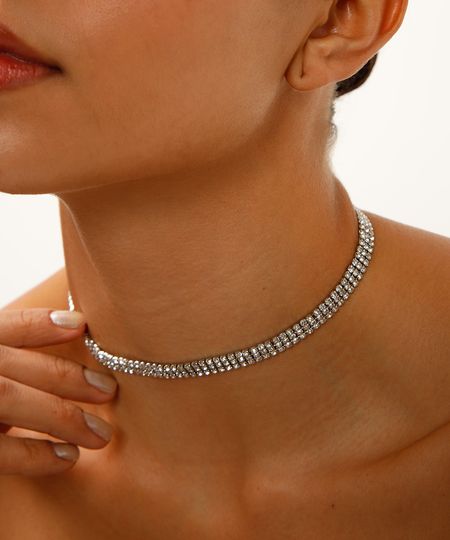 colar gargantilha de strass prateada UNICO