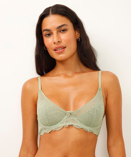 sutiã meia taça sem bojo de tule e renda verde 42