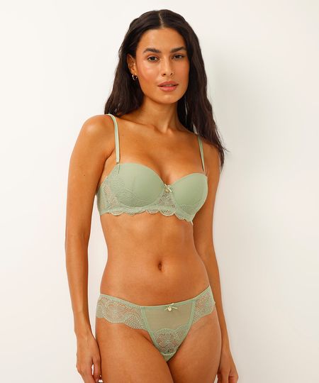 calcinha fio dental de renda floral e tule poá verde P
