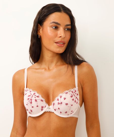 sutiã meia taça com tule e renda floral rosa 44
