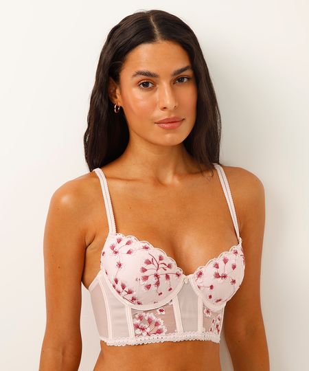 sutiã cropped meia taça de renda floral rosa 44