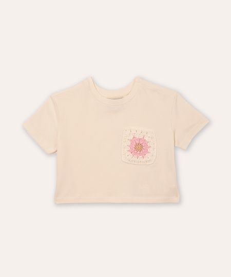 cropped infantil de algodão bolso floral bege 2
