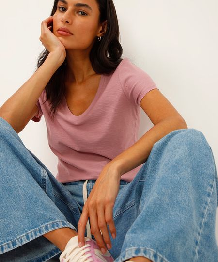 camiseta de algodão peruano decote v rosa PP camiseta de algodão peruano decote v rosa PP