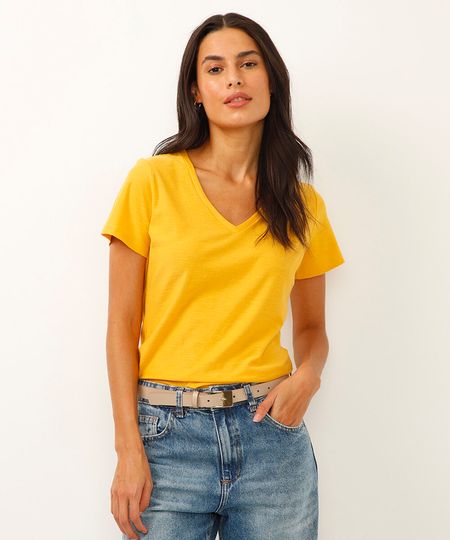 camiseta de algodão peruano decote v - amarelo PP