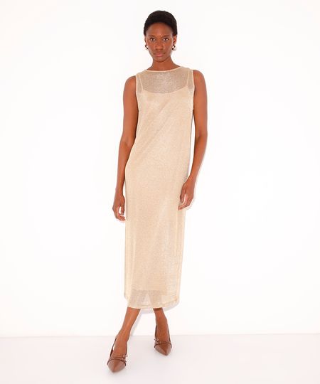 vestido midi slip dress de tricot metalizado mindset dourado PP vestido midi slip dress de tricot metalizado mindset dourado PP