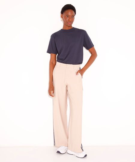 calça wide leg de alfaiataria com listra mindset bege 36