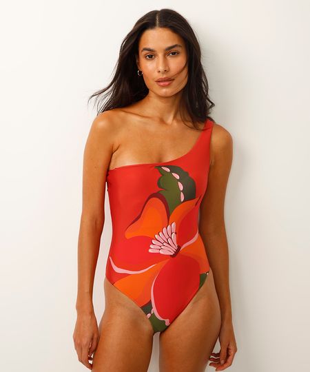 maiô ombro único bojo removível floral proteção uv vermelho P
