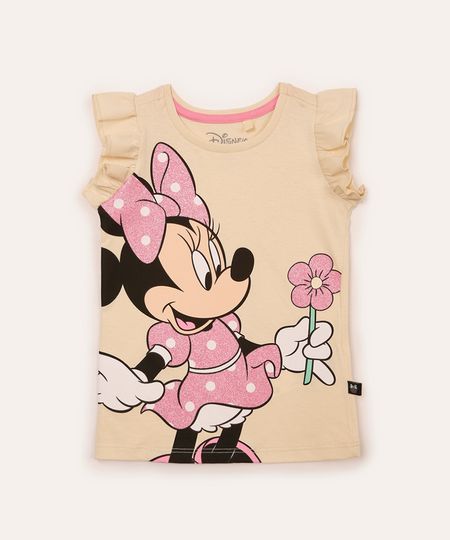 camiseta infantil manga curta minnie com babado bege 2