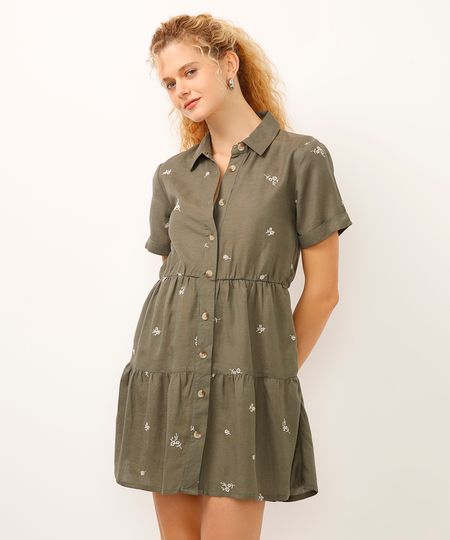 vestido curto chemise bordado floral verde PP