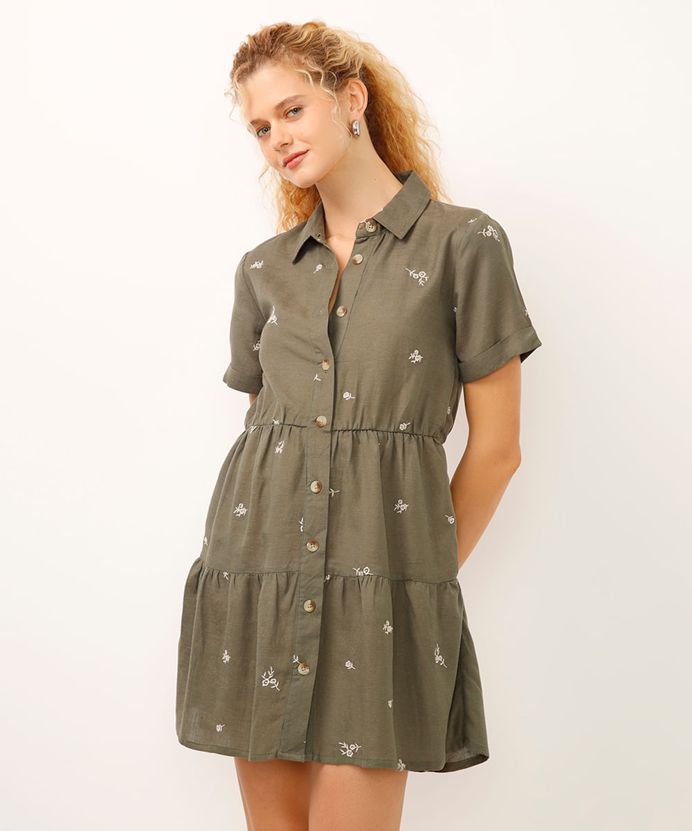 vestido curto feminino chemise bordado floral verde