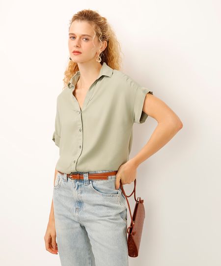 camisa de viscose manga curta verde P camisa de viscose manga curta verde P